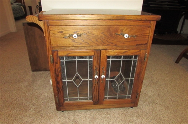 Solid Wood Kitchen Cart with Leaded Glass Doors