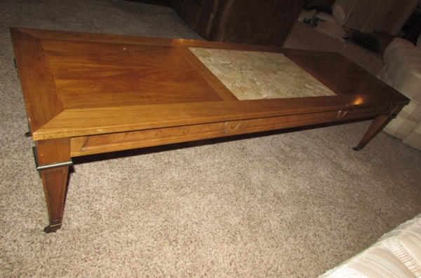 Vintage Solid Wood Coffee Table with Marble Insert