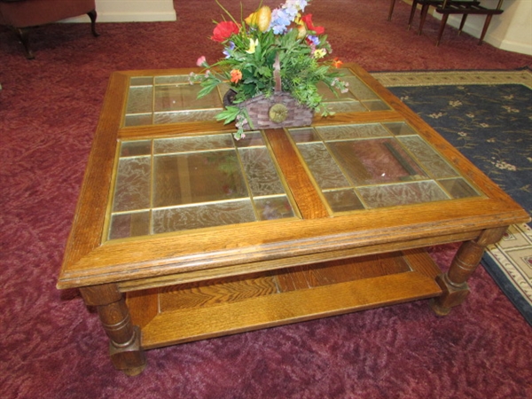 OAK COFFEE TABLE WITH LEADED GLASS PANELS