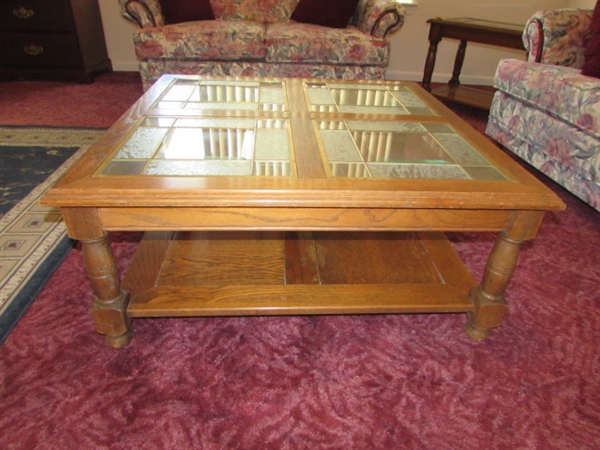 OAK COFFEE TABLE WITH LEADED GLASS PANELS