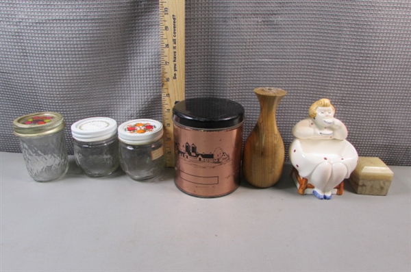 Tins, Brass & Ceramic Bowls, & Canning Jars etc.