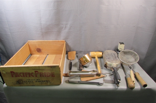 Wooden Crate with Vintage Kitchen Utensils & Items-Nut Grinder, Wooden Spatula, Super Maid Omelet Pan, etc.