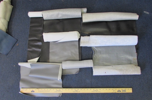 Large Lot of Partial Rolls and Large Scraps of Upholstery Vinyl Fabric in Many Colors.