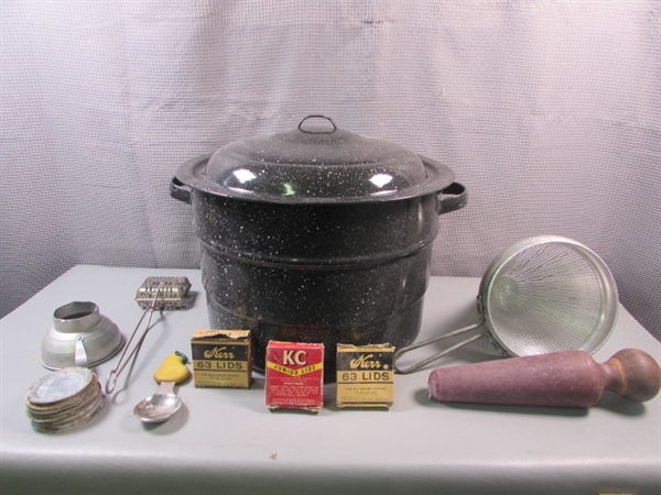 Enameled Canner Stock Pot, Cone and Pestle & More