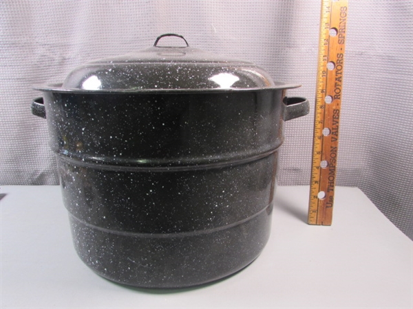 Enameled Canner Stock Pot, Cone and Pestle & More
