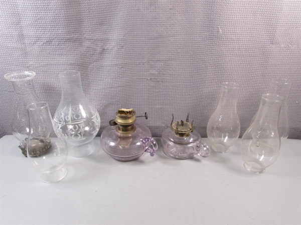 Vintage Purple Glass Hurricane Oil Lamps With Extra Chimneys