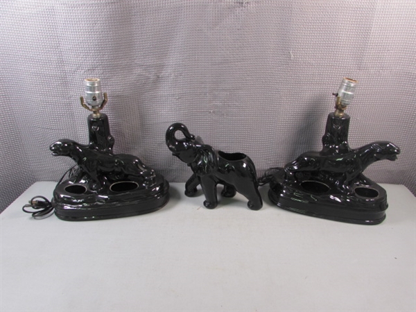 Pair of Vintage MCM Black Panther Table Lamps & Ceramic Elephant Vase/Planter