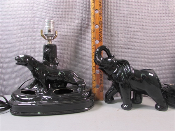 Pair of Vintage MCM Black Panther Table Lamps & Ceramic Elephant Vase/Planter