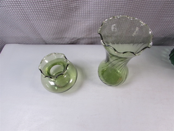 Vintage Green Glass- Vases, Book Ends, Decanter Etc