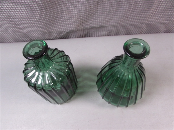 Vintage Green Glass- Vases, Book Ends, Decanter Etc
