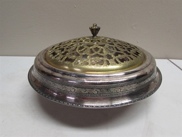SILVERPLATE PLATTERS & SERVING DISH WITH BRASS LID