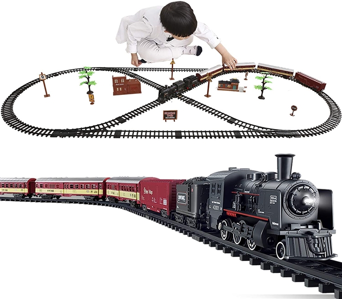 Electric Classical Train Sets with Steam Locomotive Engine, Cargo Car and Tracks, Battery Operated Play Set Toy w/ Smoke, Light and Sounds