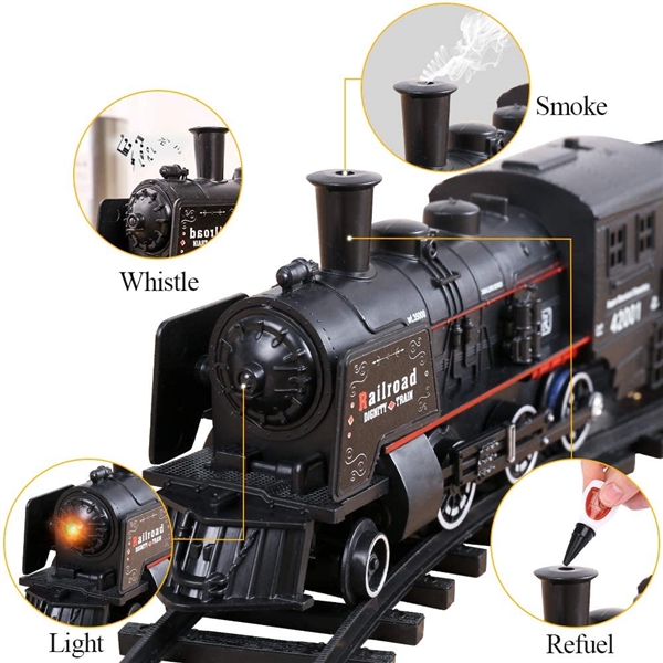Electric Classical Train Sets with Steam Locomotive Engine, Cargo Car and Tracks, Battery Operated Play Set Toy w/ Smoke, Light and Sounds