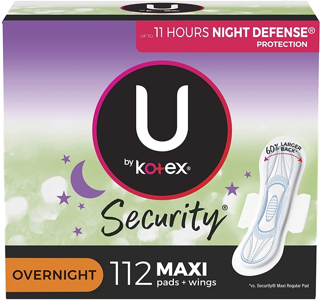  U by Kotex Security Maxi Feminine Pads with Wings, Overnight, Unscented, 112 Count