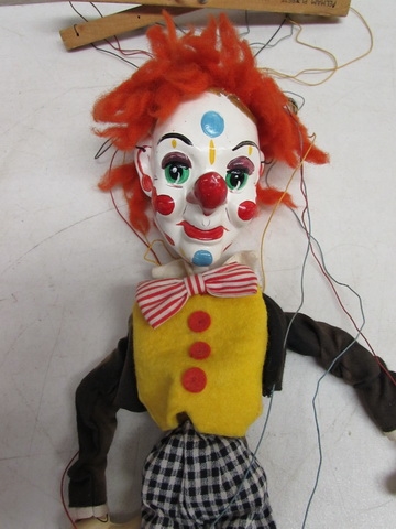 HANGING CLOWN & VINTAGE ENGLISH PUPPET