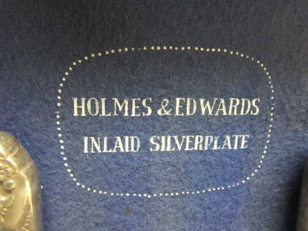 HOLMES & EDWARD INLAID SILVERPLATE FLATWARE IN WOOD BOX