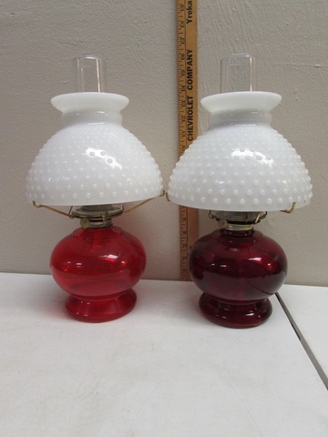 2 RED OIL LAMPS WITH MILK GLASS HOBNAIL SHADES