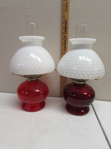 2 RED OIL LAMPS WITH MILK GLASS HOBNAIL SHADES