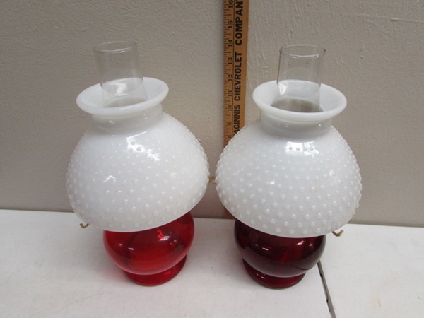 2 RED OIL LAMPS WITH MILK GLASS HOBNAIL SHADES