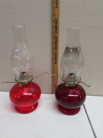 2 RED OIL LAMPS WITH MILK GLASS HOBNAIL SHADES