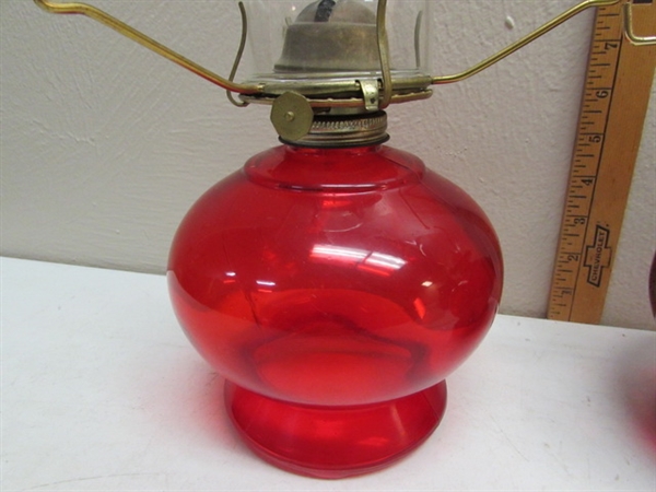 2 RED OIL LAMPS WITH MILK GLASS HOBNAIL SHADES