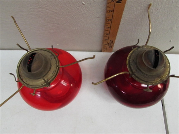 2 RED OIL LAMPS WITH MILK GLASS HOBNAIL SHADES