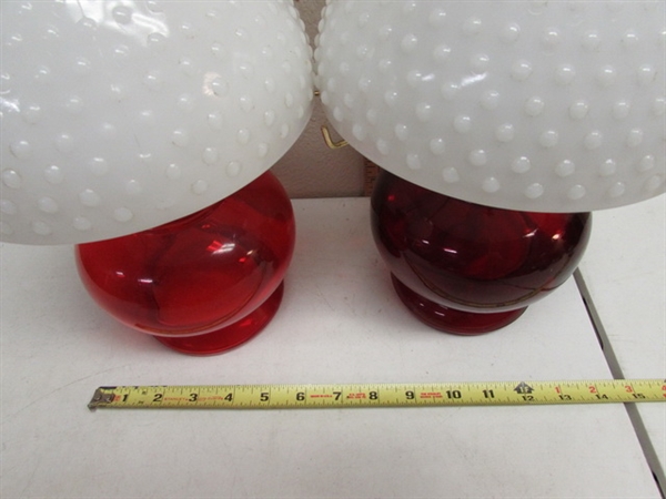 2 RED OIL LAMPS WITH MILK GLASS HOBNAIL SHADES