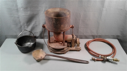 Antique Hollands Smelting Ladle, F & E Smelting Furnace and Pot