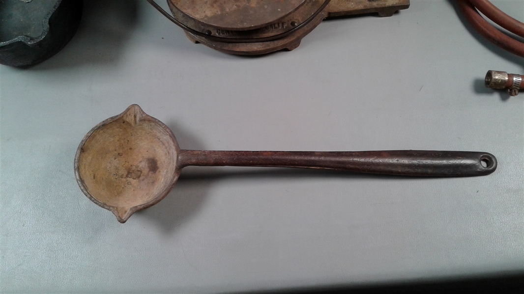 Antique Hollands Smelting Ladle, F & E Smelting Furnace and Pot