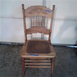 Antique Chair w/Engraved Back & Tooled Leather Seat