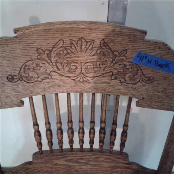 Antique Chair w/Engraved Back & Tooled Leather Seat