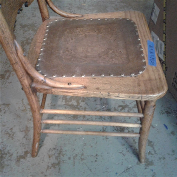 Antique Chair w/Engraved Back & Tooled Leather Seat