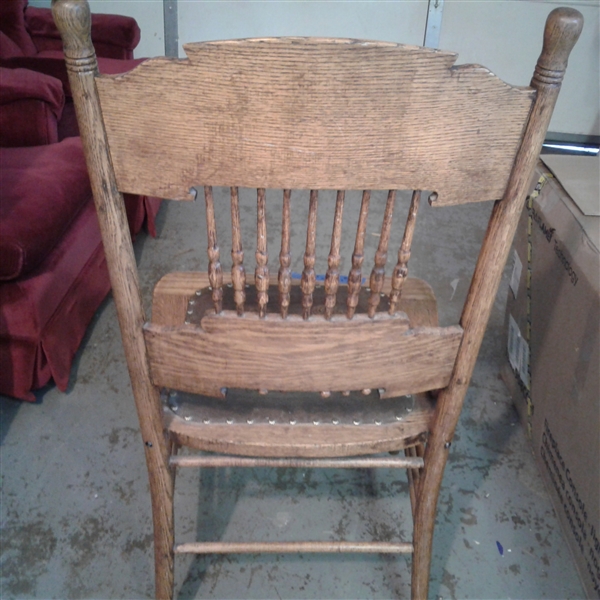 Antique Chair w/Engraved Back & Tooled Leather Seat