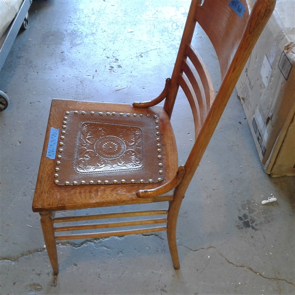Antique Oak Chair w/Tooled Leather Seat