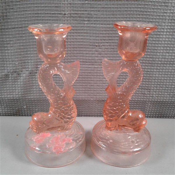 Vintage Pink Glass Koi Fish Candlesticks