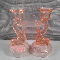 Vintage Pink Glass Koi Fish Candlesticks
