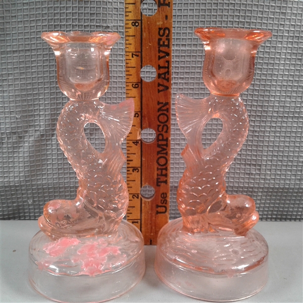 Vintage Pink Glass Koi Fish Candlesticks