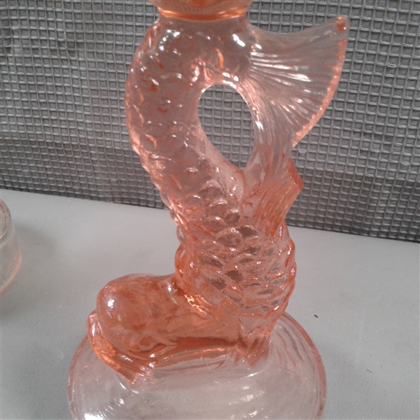 Vintage Pink Glass Koi Fish Candlesticks