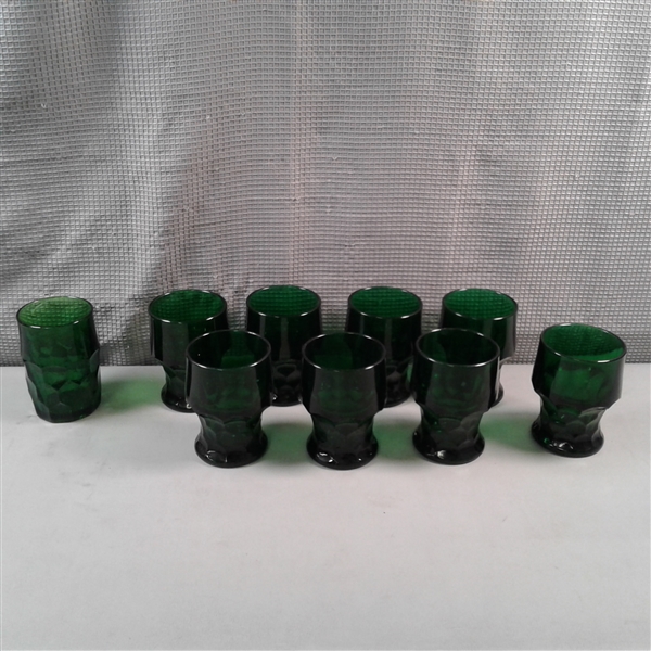 Set of 9 Vintage Discontinued Georgian Forest Green by Anchor Hocking Flat Tumblers