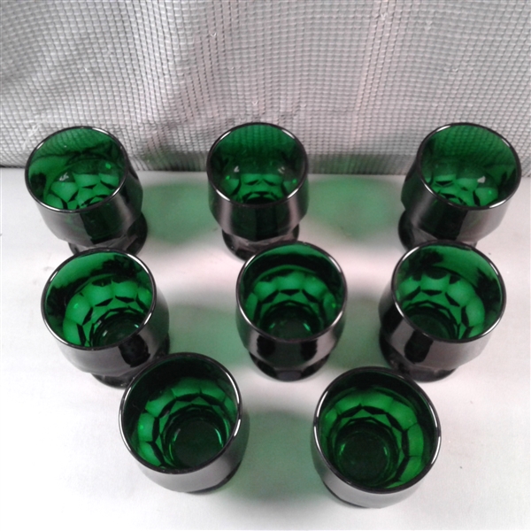 Set of 9 Vintage Discontinued Georgian Forest Green by Anchor Hocking Flat Tumblers