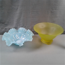 Vintage Yellow Vaseline Glass Bowl & Fenton Blue Overlay Crimped Edge Bowl