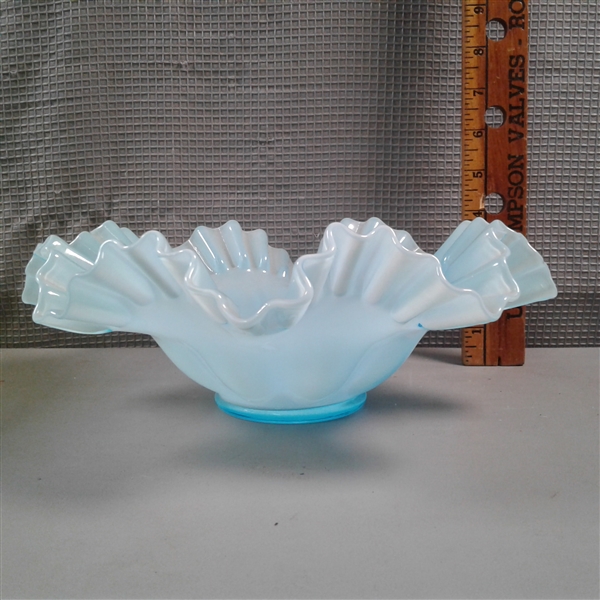 Vintage Yellow Vaseline Glass Bowl & Fenton Blue Overlay Crimped Edge Bowl