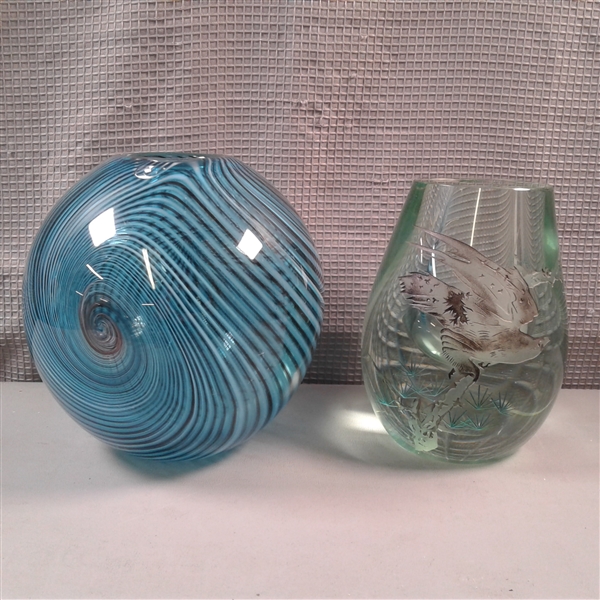 Vintage Taiwan Etched Glass Bud Vase & Blown Glass Vase