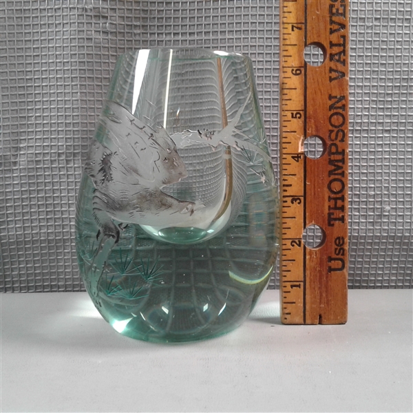 Vintage Taiwan Etched Glass Bud Vase & Blown Glass Vase