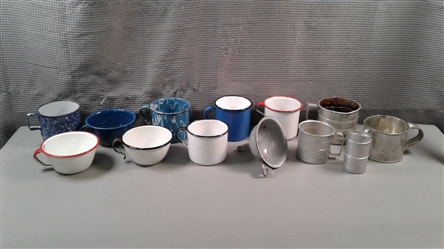 Vintage Enamel and Aluminum Cups, Funnel, and Measuring Cups