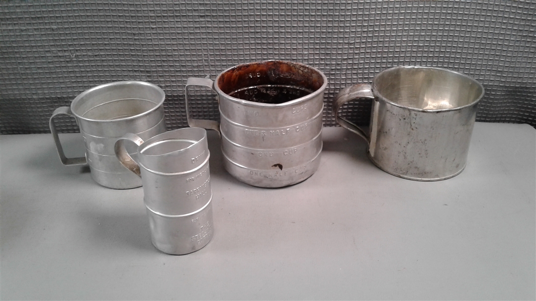 Vintage Enamel and Aluminum Cups, Funnel, and Measuring Cups