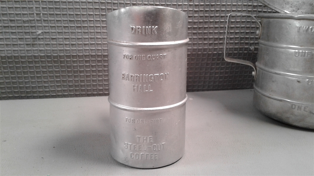 Vintage Enamel and Aluminum Cups, Funnel, and Measuring Cups