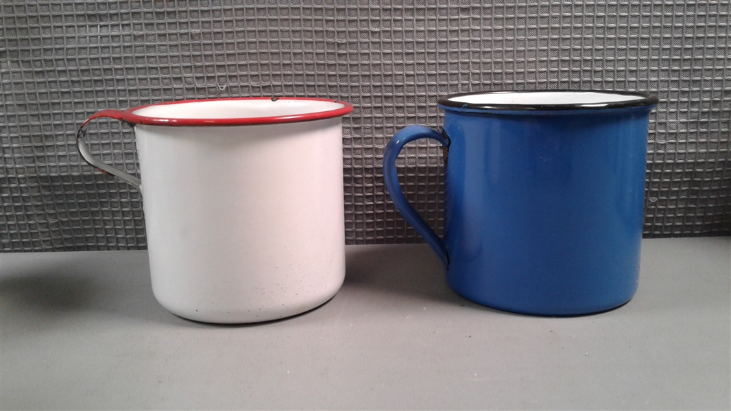 Vintage Enamel and Aluminum Cups, Funnel, and Measuring Cups