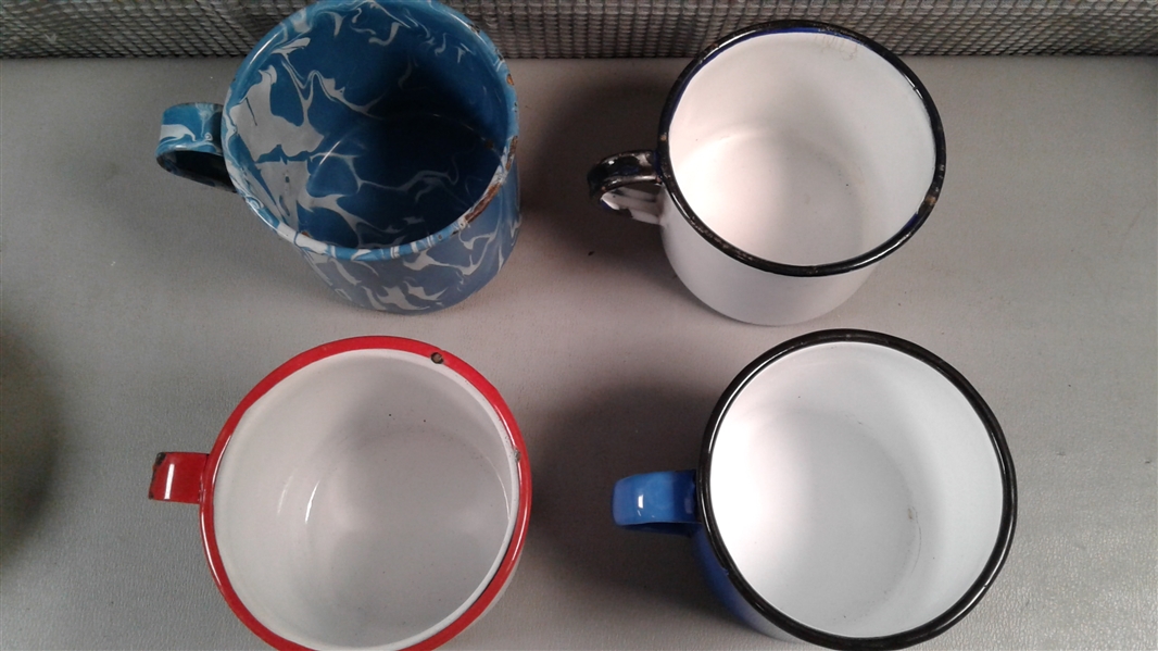 Vintage Enamel and Aluminum Cups, Funnel, and Measuring Cups