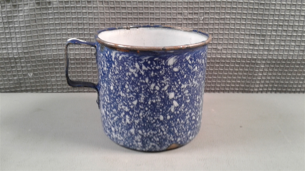 Vintage Enamel and Aluminum Cups, Funnel, and Measuring Cups